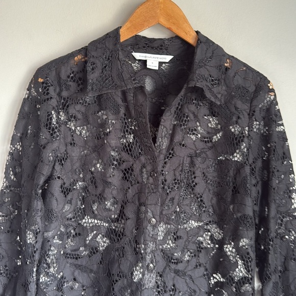 Diane Von Furstenberg Lorelei Two Bloom Black Jacquard Lace Button down 6 - Picture 4 of 10
